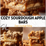 Golden Sourdough Apple Crumble Bars dusted with cinnamon and resembling a Sourdough Apple Cobbler dessert. 26